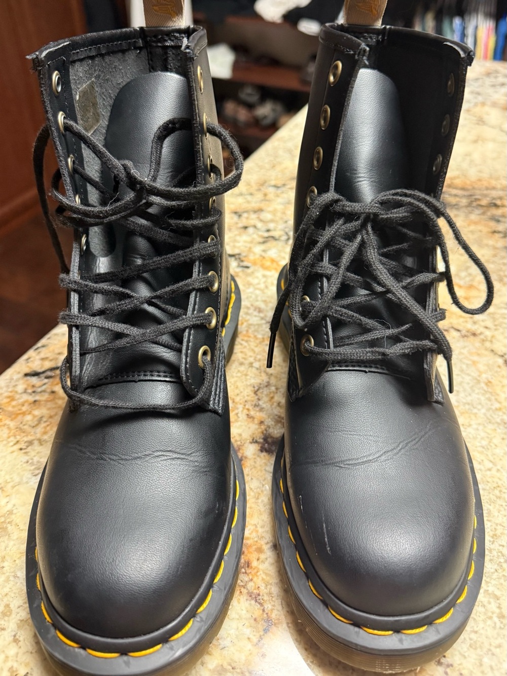 Dr. Martens Airwair NEW w/o box Black Vegan Combat Boots with Yellow Stitching